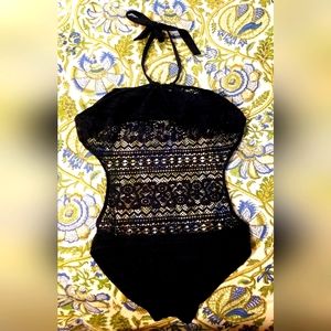 Ralph Lauren Bkack 1 Piece Crochet Haltered Swimsuit*Medium.